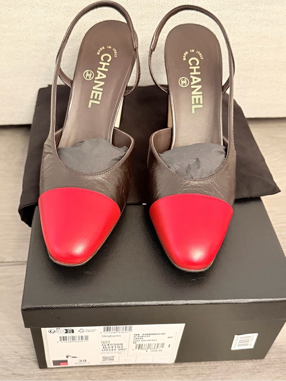 CHANEL Brown Leather Slingback Mules with Red Cap Toe